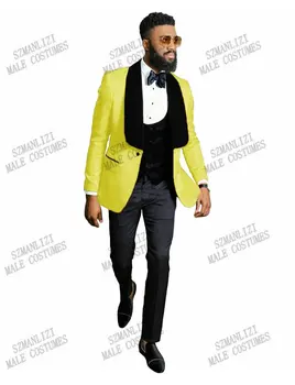 2021 Tailor Made Şampanya Jakarlı Ceket Düğün Smokin Erkekler Için Groomsmen 3 Parça Erkek Takım Elbise Set Şal Yaka Erkek Damat Elbise
