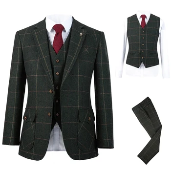 (Ceket+Pantolon+Yelek) Sonbahar Tüvit Ekose Koyu Yeşil Erkek Ceket Ceket Elbise 3 Parça İçin Adam 2021 Sağdıç Düğün Custom Made