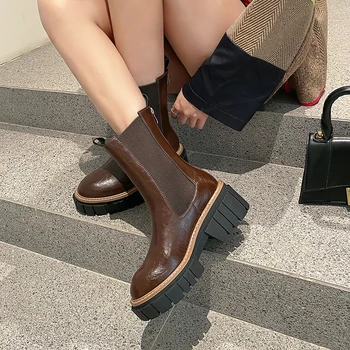 Kalın Alt Hakiki Deri Batı Tarzı Chelsea yarım çizmeler Kadın Elastik Bant Tıknaz Topuk Çizme Bayan Ayakkabı Platformu Çizmeler