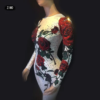 Moda kırmızı Gül Çiçek Tulum Kadınlar Seksi Doğum Günü Parti giysileri Sahne Giyim Kristaller BodySuit Dans Şarkıcı Rhinestones Romper