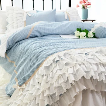 Romantik prenses ruffled yatak seti, tam kraliçe kral pamuk mavi ekose çift ev tekstili örtüsü yastık kılıfı nevresim