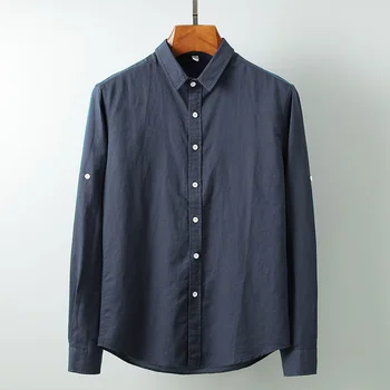Sonbahar Yeni Kış Erkekler Iş Uzun Kollu Gömlek Erkek Klasik Kore Tarzı Düğme Aşağı Katı Renk Keten Gömlek Tops K90