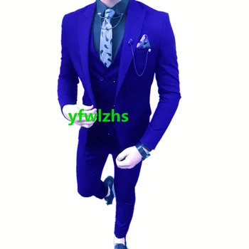 Yakışıklı Bir Düğme Groomsmen Tepe Yaka Damat Smokin düğün elbisesi Erkek Takım Elbise Blazer Balo Yemeği (Ceket+Pantolon+Kravat+Yelek) A173