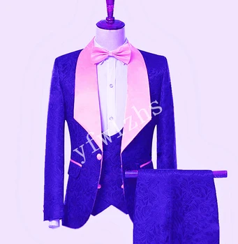 Yakışıklı Groomsmen Şal Yaka Damat Smokin Erkek Gelinlik Adam Ceket Blazer Balo Yemeği (Ceket + Pantolon + Kravat + Yelek) A113
