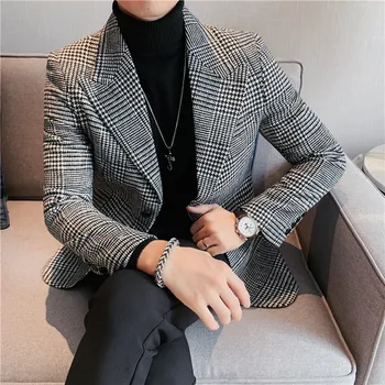 Yeni Bağbozumu Ekose Blazer İngiliz Şık Erkek Blazer Takım Elbise Ceket Iş Rahat Iki düğme Blazer Erkekler Için Düzenli Hombre S-3XL