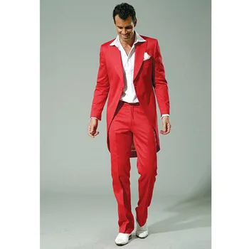 Yeni Şık Kırmızı Erkek Takım Elbise Uzun Ceket İle En İyi Erkek Takım Elbise Düğün İçin Yakışıklı erkek Gösterisi Smokin (Ceket + Pantolon)
